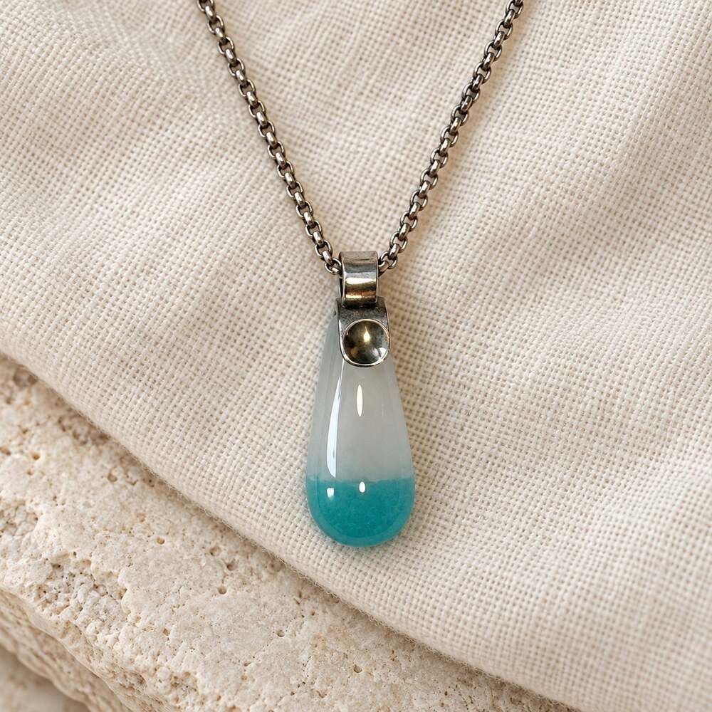 925 Sterling Silver Necklace Teal White Glass Teardrop Pendant Coastal Minimal